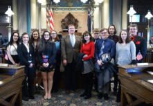 State Sen. Ed McBroom, R-Vulcan, welcomed a group of students from Gladstone High School at the state Capitol on Thursday. The students, pictured with McBroom on the Senate floor, were visiting Lansing as part of the Michigan Youth in Government program.