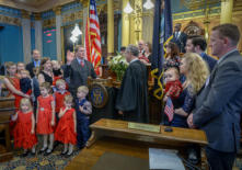 State Sen. Ed McBroom was formally sworn in as senator of the 38th district on Wednesday, Jan. 9, 2019 during a ceremony at the state Capitol. Pictured with McBroom are members of his family, friends, and Michigan Supreme Court Chief Justice Stephen Markm